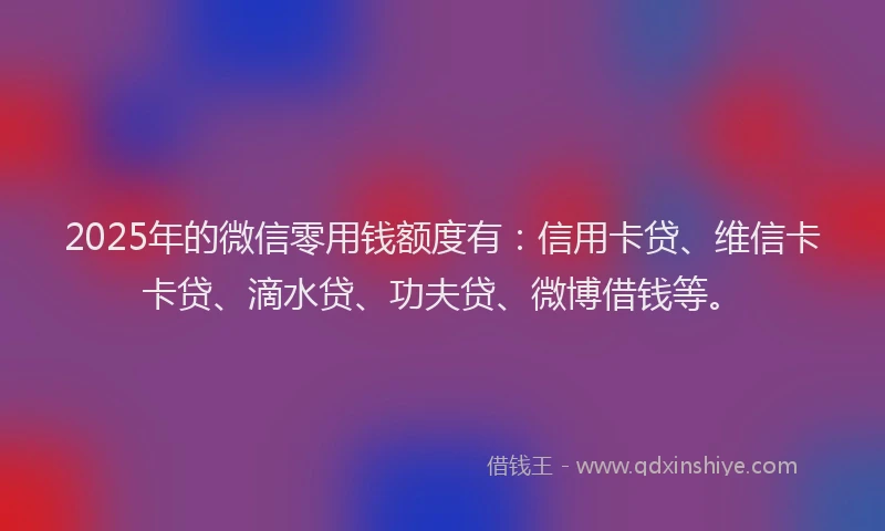 2025年的微信零用钱额度有：信用卡贷、维信卡卡贷、滴水贷、功夫贷、微博借钱等。