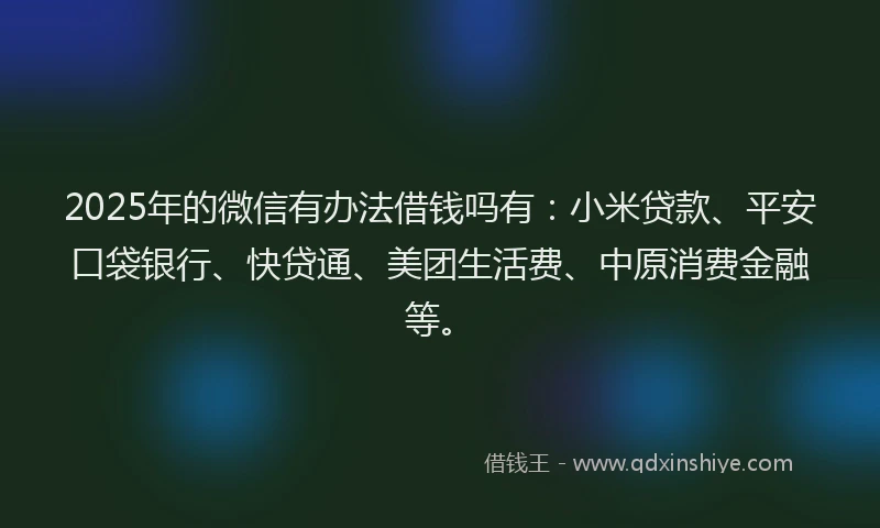 2025年的微信有办法借钱吗有：小米贷款、平安口袋银行、快贷通、美团生活费、中原消费金融等。