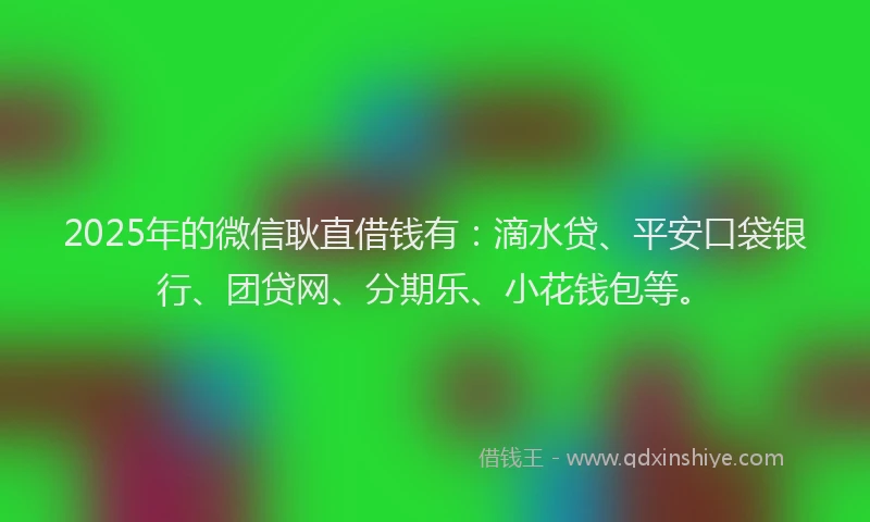 2025年的微信耿直借钱有：滴水贷、平安口袋银行、团贷网、分期乐、小花钱包等。