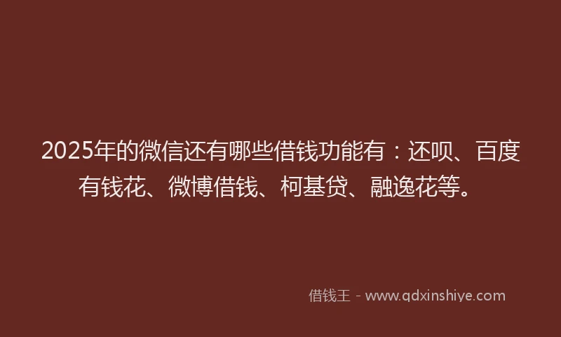 2025年的微信还有哪些借钱功能有：还呗、百度有钱花、微博借钱、柯基贷、融逸花等。