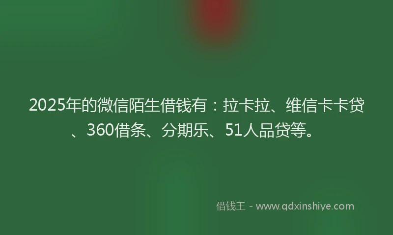 2025年的微信陌生借钱有：拉卡拉、维信卡卡贷、360借条、分期乐、51人品贷等。