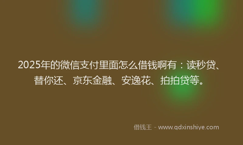 2025年的微信支付里面怎么借钱啊有：读秒贷、替你还、京东金融、安逸花、拍拍贷等。