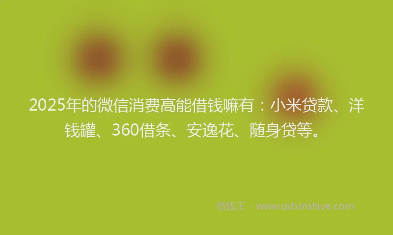 2025年的微信消费高能借钱嘛有：小米贷款、洋钱罐、360借条、安逸花、随身贷等。
