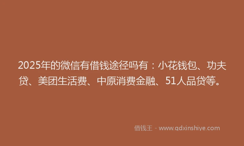 2025年的微信有借钱途径吗有：小花钱包、功夫贷、美团生活费、中原消费金融、51人品贷等。