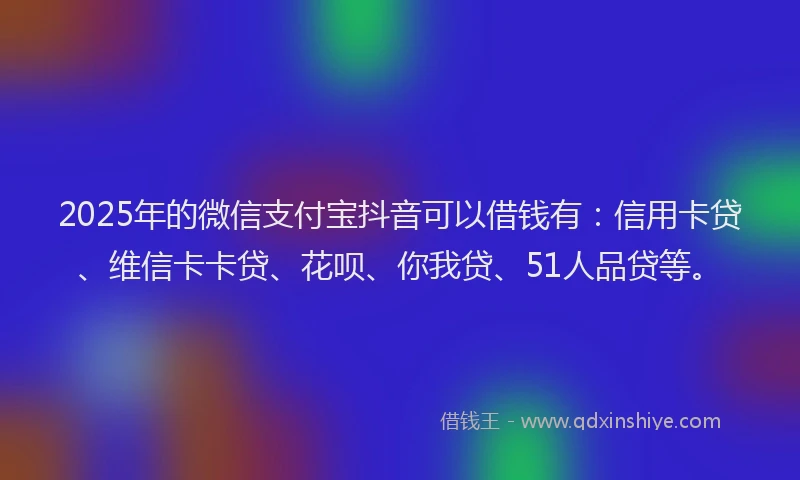 2025年的微信支付宝抖音可以借钱有：信用卡贷、维信卡卡贷、花呗、你我贷、51人品贷等。