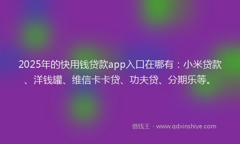 2025年的快用钱贷款app入口在哪有：小米贷款、洋钱罐、维信卡卡贷、功夫贷、分期乐等。