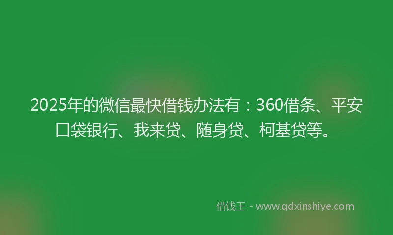 2025年的微信最快借钱办法有：360借条、平安口袋银行、我来贷、随身贷、柯基贷等。
