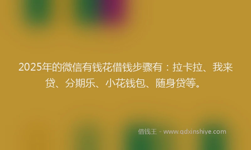 2025年的微信有钱花借钱步骤有：拉卡拉、我来贷、分期乐、小花钱包、随身贷等。