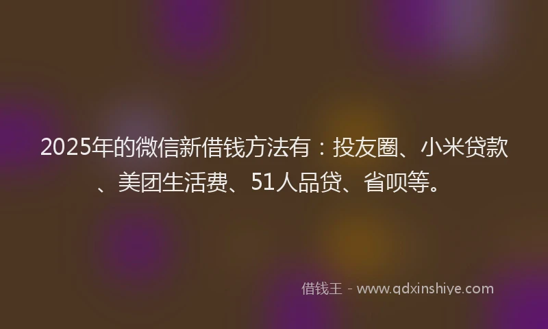 2025年的微信新借钱方法有：投友圈、小米贷款、美团生活费、51人品贷、省呗等。