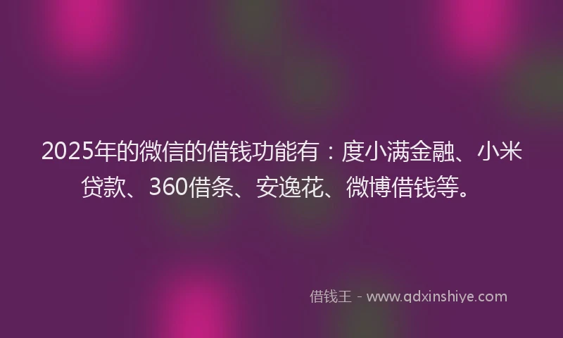 2025年的微信的借钱功能有：度小满金融、小米贷款、360借条、安逸花、微博借钱等。