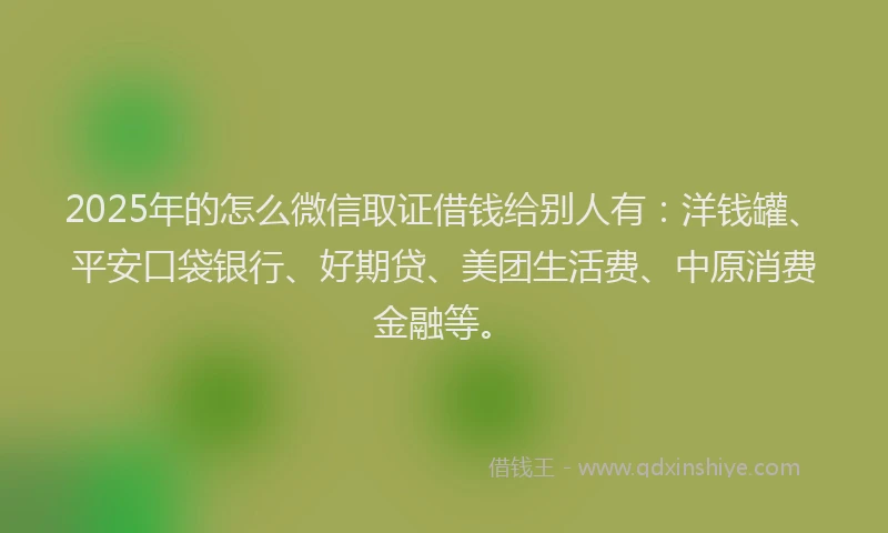 2025年的怎么微信取证借钱给别人有：洋钱罐、平安口袋银行、好期贷、美团生活费、中原消费金融等。