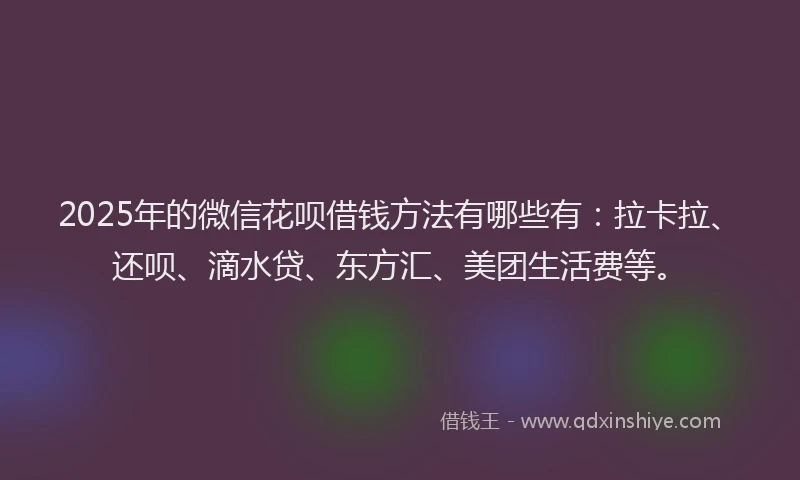 2025年的微信花呗借钱方法有哪些有：拉卡拉、还呗、滴水贷、东方汇、美团生活费等。