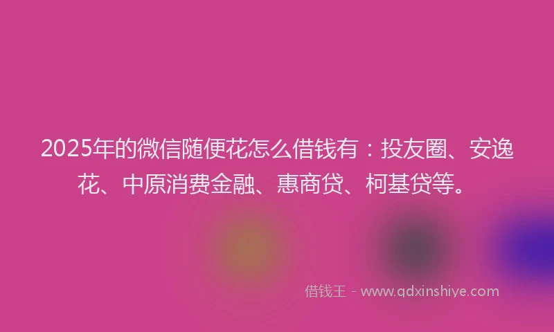 2025年的微信随便花怎么借钱有：投友圈、安逸花、中原消费金融、惠商贷、柯基贷等。