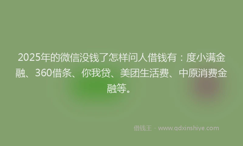 2025年的微信没钱了怎样问人借钱有：度小满金融、360借条、你我贷、美团生活费、中原消费金融等。