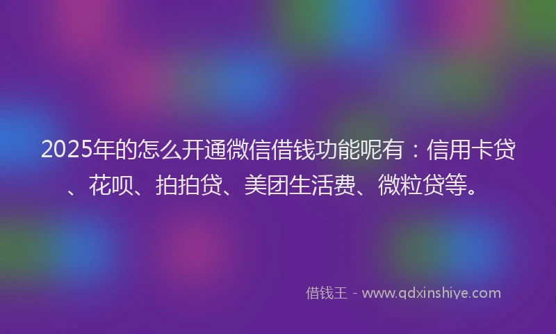 2025年的怎么开通微信借钱功能呢有：信用卡贷、花呗、拍拍贷、美团生活费、微粒贷等。