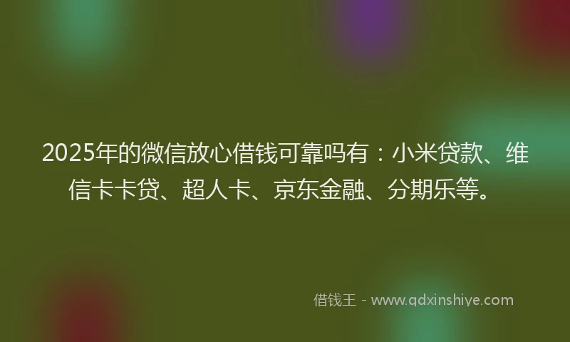 2025年的微信放心借钱可靠吗有：小米贷款、维信卡卡贷、超人卡、京东金融、分期乐等。