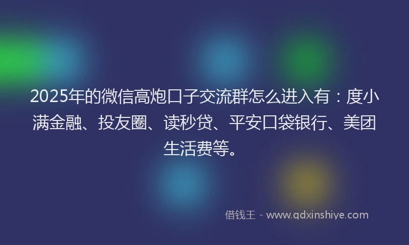 2025年的微信高炮口子交流群怎么进入有：度小满金融、投友圈、读秒贷、平安口袋银行、美团生活费等。