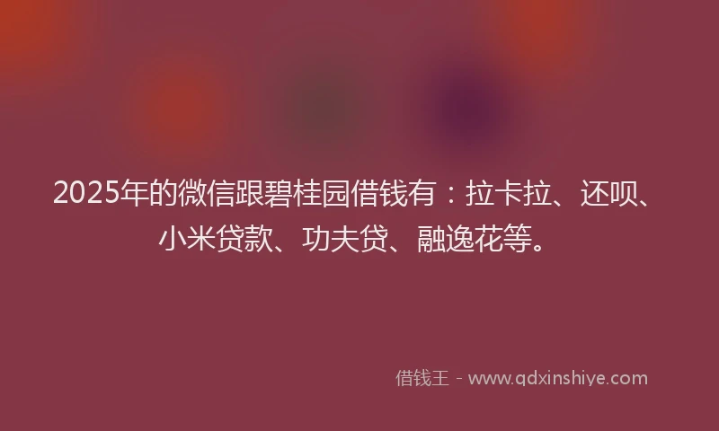 2025年的微信跟碧桂园借钱有：拉卡拉、还呗、小米贷款、功夫贷、融逸花等。