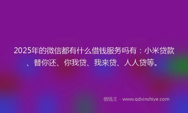 2025年的微信都有什么借钱服务吗有：小米贷款、替你还、你我贷、我来贷、人人贷等。