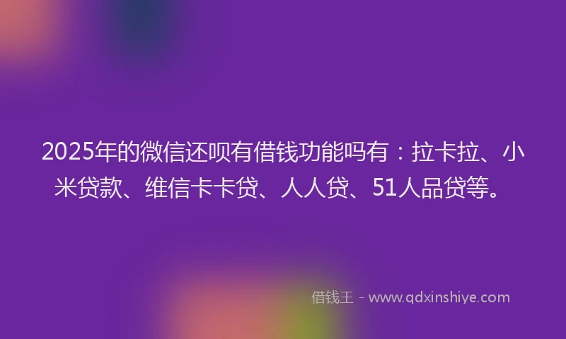 2025年的微信还呗有借钱功能吗有：拉卡拉、小米贷款、维信卡卡贷、人人贷、51人品贷等。