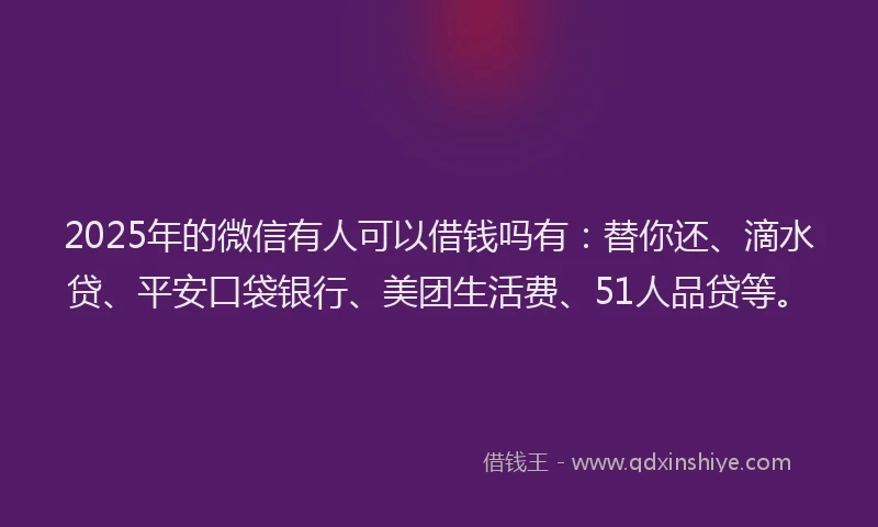 2025年的微信有人可以借钱吗有：替你还、滴水贷、平安口袋银行、美团生活费、51人品贷等。
