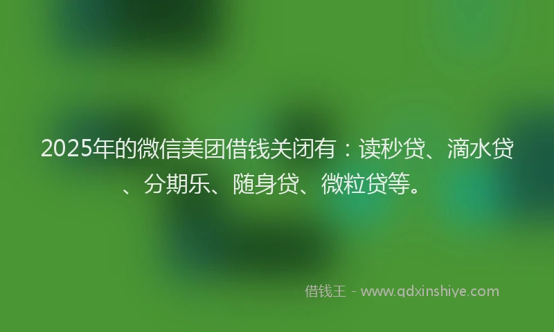 2025年的微信美团借钱关闭有：读秒贷、滴水贷、分期乐、随身贷、微粒贷等。