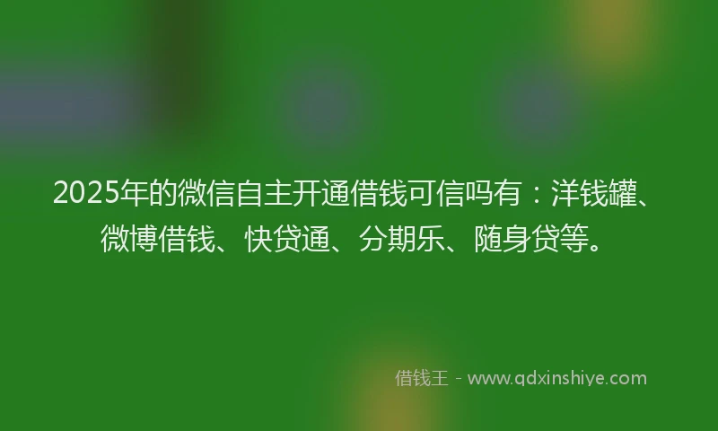 2025年的微信自主开通借钱可信吗有：洋钱罐、微博借钱、快贷通、分期乐、随身贷等。