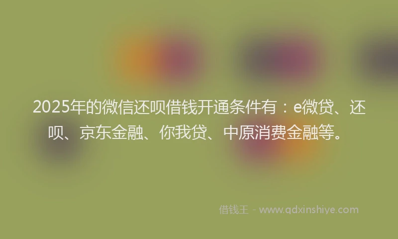 2025年的微信还呗借钱开通条件有：e微贷、还呗、京东金融、你我贷、中原消费金融等。
