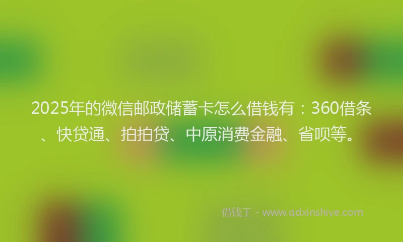 2025年的微信邮政储蓄卡怎么借钱有：360借条、快贷通、拍拍贷、中原消费金融、省呗等。