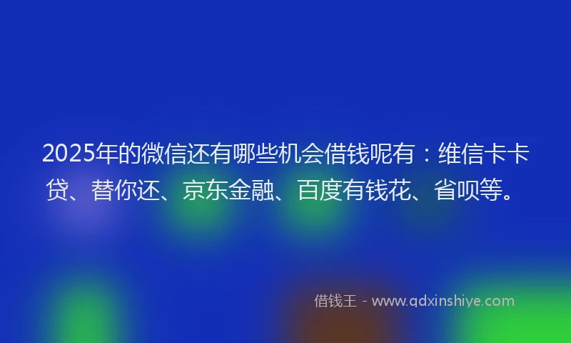 2025年的微信还有哪些机会借钱呢有：维信卡卡贷、替你还、京东金融、百度有钱花、省呗等。