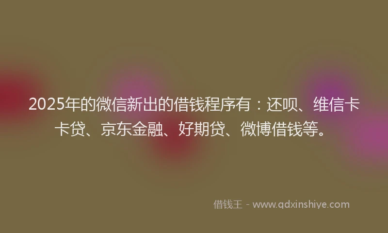 2025年的微信新出的借钱程序有：还呗、维信卡卡贷、京东金融、好期贷、微博借钱等。