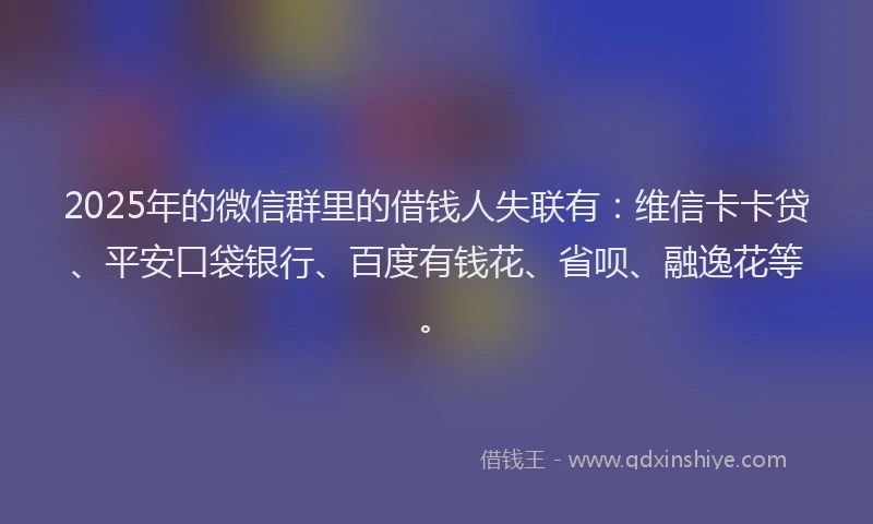 2025年的微信群里的借钱人失联有:维信卡卡贷、平安口袋银行、百度有钱花、省呗、融逸花等。