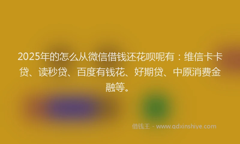 2025年的怎么从微信借钱还花呗呢有：维信卡卡贷、读秒贷、百度有钱花、好期贷、中原消费金融等。