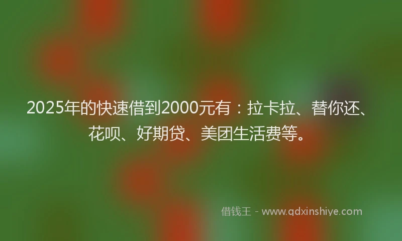 2025年的快速借到2000元有：拉卡拉、替你还、花呗、好期贷、美团生活费等。