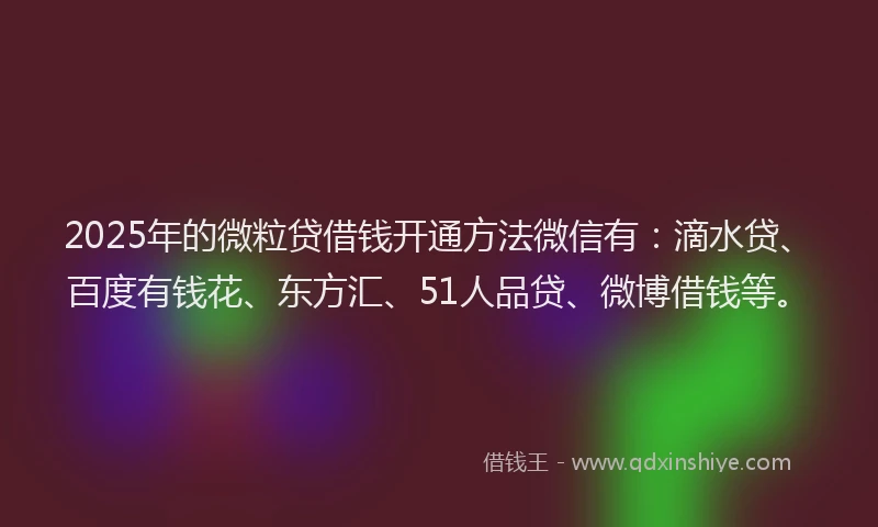 2025年的微粒贷借钱开通方法微信有：滴水贷、百度有钱花、东方汇、51人品贷、微博借钱等。
