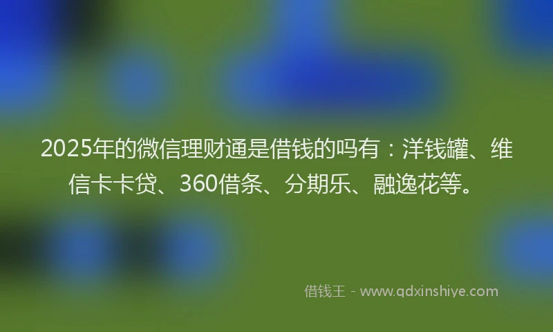 2025年的微信理财通是借钱的吗有：洋钱罐、维信卡卡贷、360借条、分期乐、融逸花等。