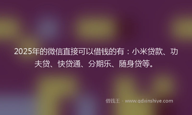 2025年的微信直接可以借钱的有：小米贷款、功夫贷、快贷通、分期乐、随身贷等。