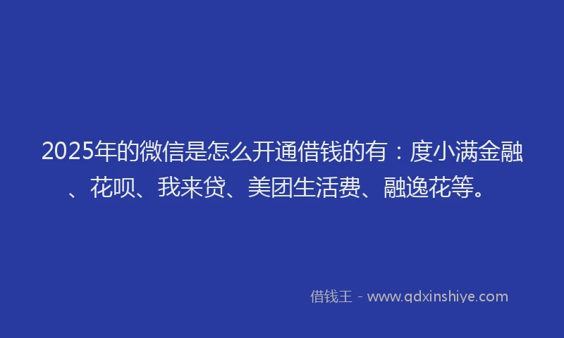 2025年的微信是怎么开通借钱的有：度小满金融、花呗、我来贷、美团生活费、融逸花等。