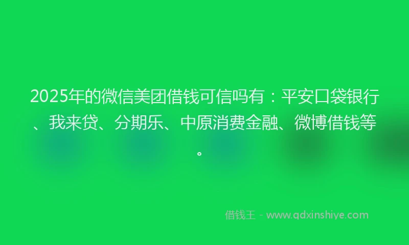 2025年的微信美团借钱可信吗有：平安口袋银行、我来贷、分期乐、中原消费金融、微博借钱等。