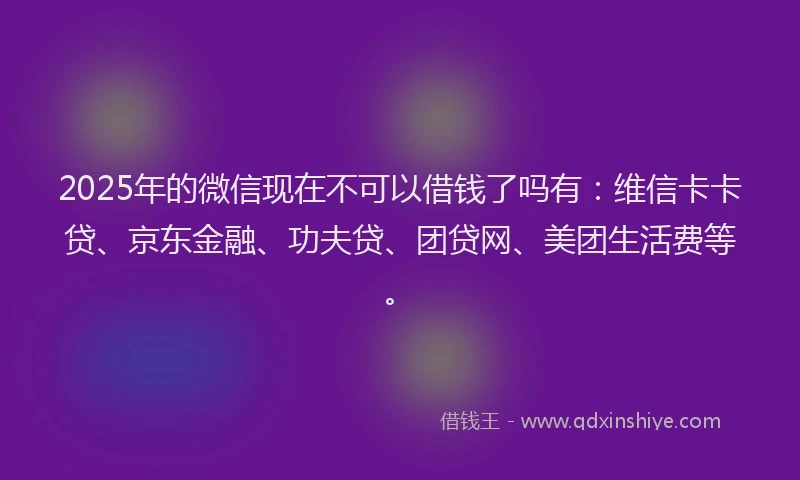 2025年的微信现在不可以借钱了吗有：维信卡卡贷、京东金融、功夫贷、团贷网、美团生活费等。