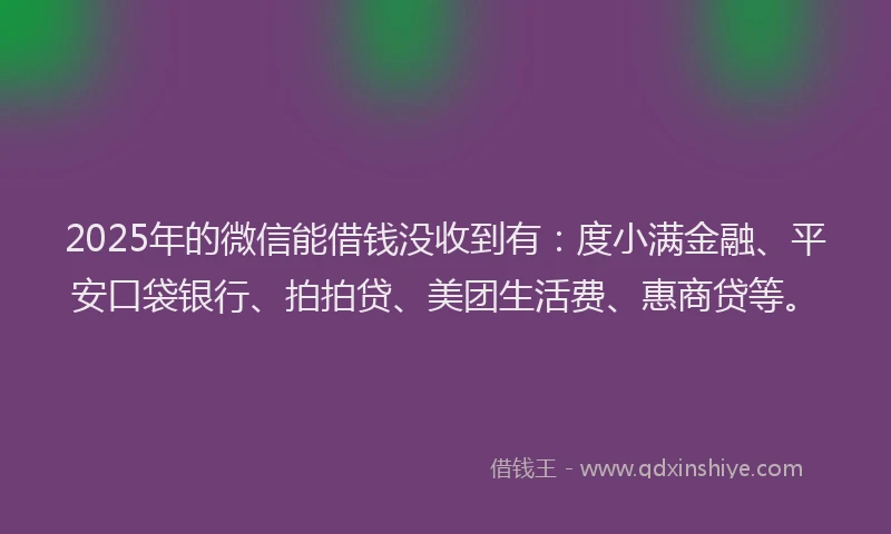 2025年的微信能借钱没收到有：度小满金融、平安口袋银行、拍拍贷、美团生活费、惠商贷等。