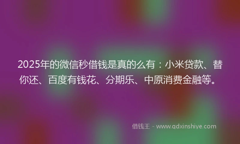 2025年的微信秒借钱是真的么有：小米贷款、替你还、百度有钱花、分期乐、中原消费金融等。