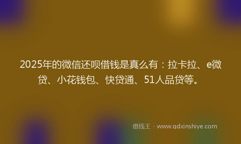 2025年的微信还呗借钱是真么有：拉卡拉、e微贷、小花钱包、快贷通、51人品贷等。