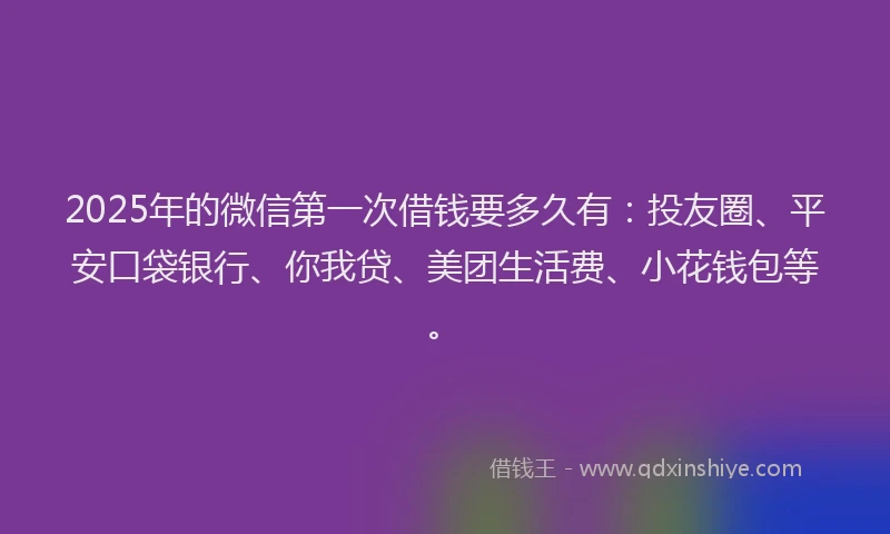 2025年的微信第一次借钱要多久有：投友圈、平安口袋银行、你我贷、美团生活费、小花钱包等。