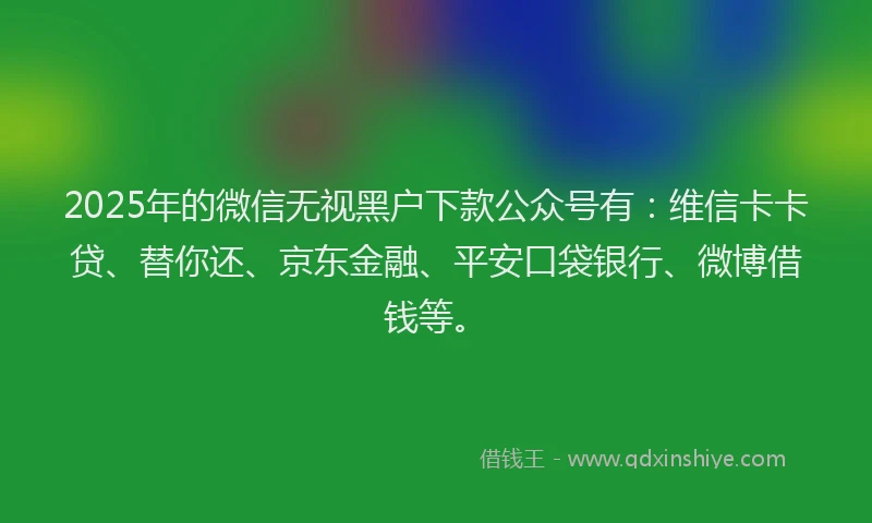 2025年的微信无视黑户下款公众号有：维信卡卡贷、替你还、京东金融、平安口袋银行、微博借钱等。