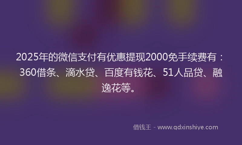 2025年的微信支付有优惠提现2000免手续费有：360借条、滴水贷、百度有钱花、51人品贷、融逸花等。