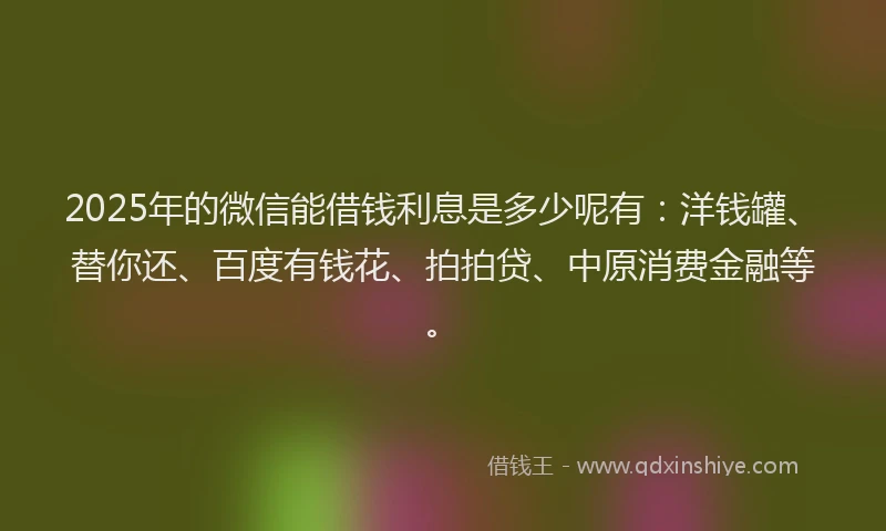2025年的微信能借钱利息是多少呢有：洋钱罐、替你还、百度有钱花、拍拍贷、中原消费金融等。