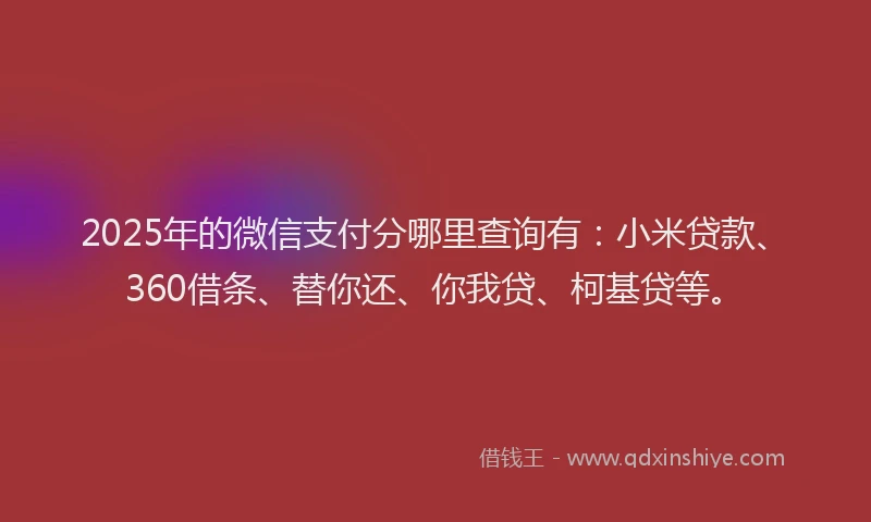 2025年的微信支付分哪里查询有：小米贷款、360借条、替你还、你我贷、柯基贷等。