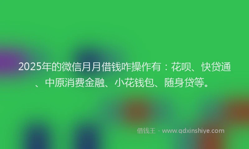 2025年的微信月月借钱咋操作有：花呗、快贷通、中原消费金融、小花钱包、随身贷等。