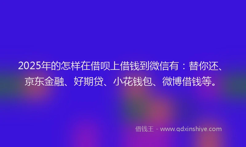 2025年的怎样在借呗上借钱到微信有：替你还、京东金融、好期贷、小花钱包、微博借钱等。